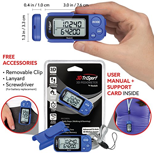 3DTriSport Walking 3D Pedometer with Clip and Strap, Free eBook | 30 Days Mem...