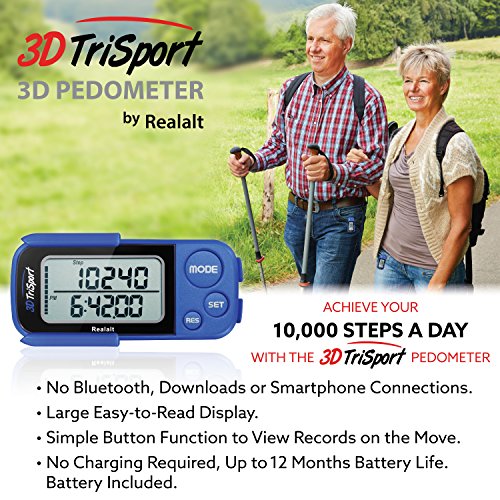 3DTriSport Walking 3D Pedometer with Clip and Strap, Free eBook | 30 Days Mem...