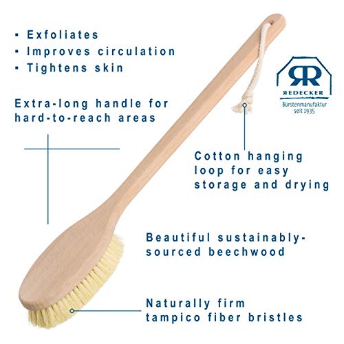Redecker Tampico Fiber Bath Brush with Oiled Beechwood Handle, 19-5/8-Inches