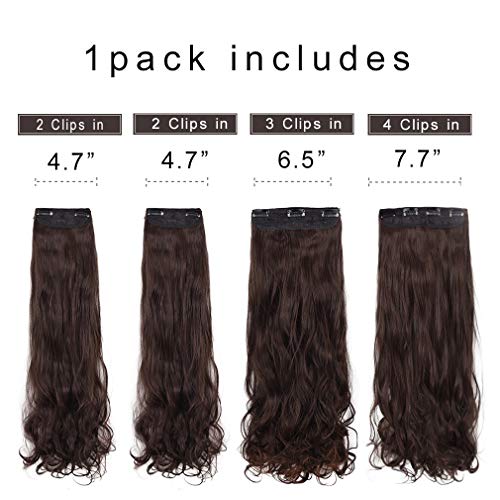 REECHO 24" Curly Wavy 4 Pieces Set Thick Clip in on Hair Extensions Dark Brown