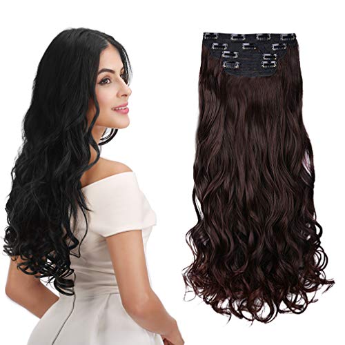 REECHO 24" Curly Wavy 4 Pieces Set Thick Clip in on Hair Extensions Dark Brown