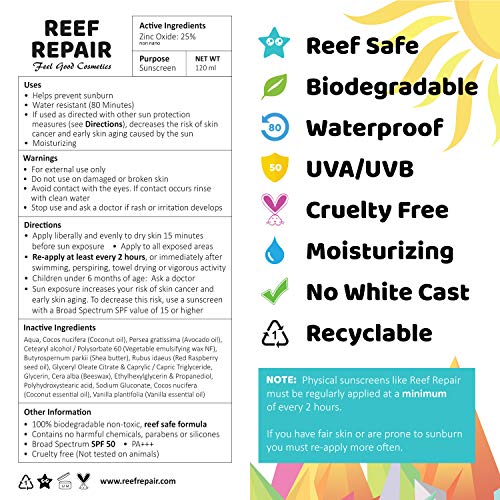 Reef Safe Sunscreen SPF 50 All Natural, Water Resistant, Moisturizing, Biodeg...