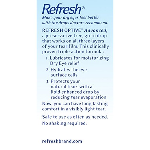 Refresh Optive Advanced Lubricant Eye Drops For Dry Eyes, Preservative-Free, ...