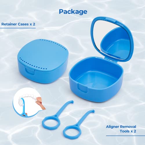 Reinmoson (2Pack) Blue Retainer Case with Vent Holes Mirror for Aligner, Dent...
