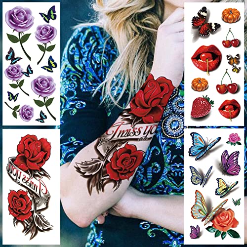 Rejaski 44 Sheets Various 3D Rose Flowers Butterfly Temporary Tattoos For Wom...