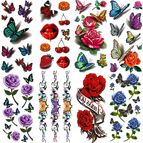 Rejaski 44 Sheets Various 3D Rose Flowers Butterfly Temporary Tattoos For Wom...