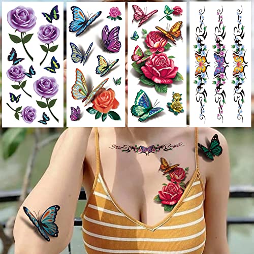 Rejaski 44 Sheets Various 3D Rose Flowers Butterfly Temporary Tattoos For Wom...