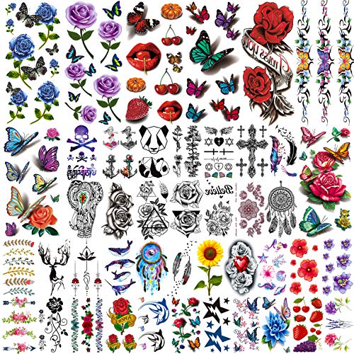 Rejaski 44 Sheets Various 3D Rose Flowers Butterfly Temporary Tattoos For Wom...