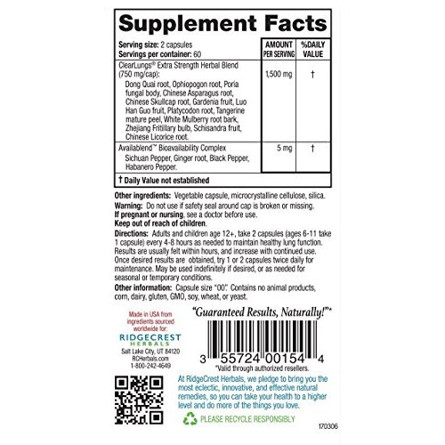Ridgecrest Clearlungs Extra Strength, Herbal Decongestant, 120 Vegan Capsules