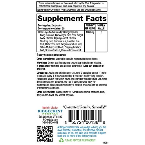 Ridgecrest Herbals ClearLungs, Chinese Herbal Formula, 60 Vegetarian Capsules