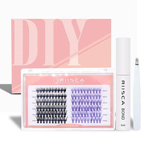 RIISCA Individual Lashes kit,D Curl 10-12-14mm Mixed,20D,violet Natural Clust...