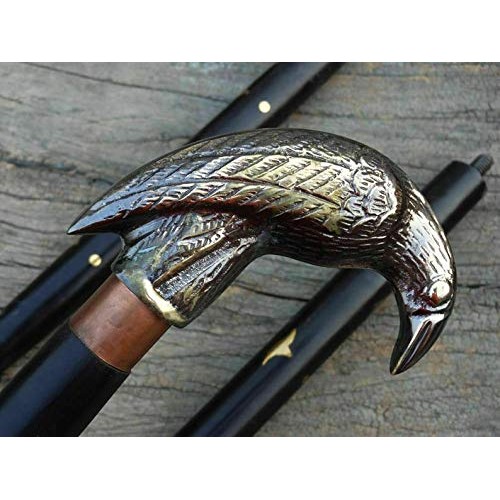 Antique Solid Brass Raven Head Handle Nautical Style Walking Stick Wooden Cane