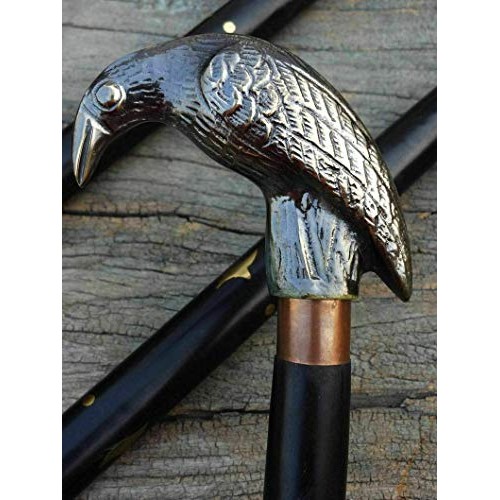 Antique Solid Brass Raven Head Handle Nautical Style Walking Stick Wooden Cane