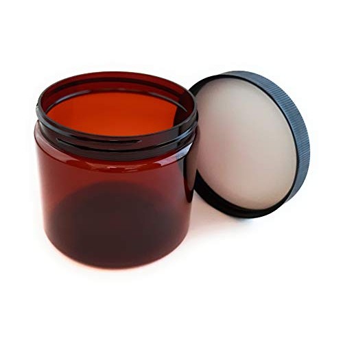 Amber Plastic Jars 16 ounce with Black Lids (4-Pack) Refillable Empty Storage...