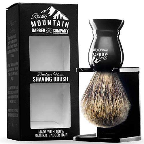Shaving Brush with Stand - Rocky Mountain Barber Pure 100% Best Badger Hair B...