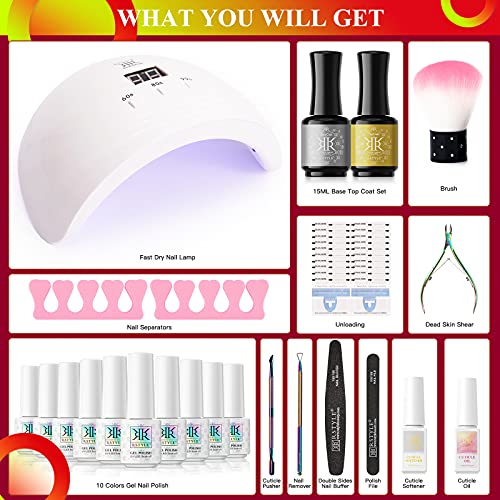 RSTYLE Gel Nail Polish Starter Kit with U V Light, 10 Colors Red Pink Blue Gr...