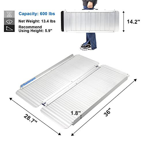 Ruedamann 3'L×28.7" W Aluminum Folding Threshold Ramp,Holds up to 600 lbs,Whe...