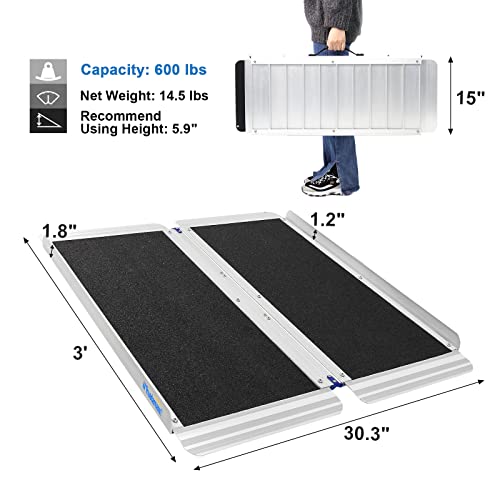 Ruedamann 3'L×30.3" W, 600 lbs Capacity Non-Skid Threshold Ramp, Portable Alu...