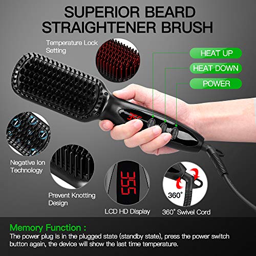 Beard Straightener for Men, RUEOO Ionic Heated Beard Brush with 12 Temp Setti...
