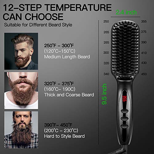 Beard Straightener for Men, RUEOO Ionic Heated Beard Brush with 12 Temp Setti...