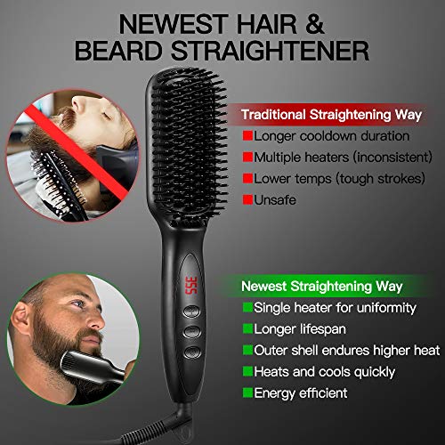 Beard Straightener for Men, RUEOO Ionic Heated Beard Brush with 12 Temp Setti...