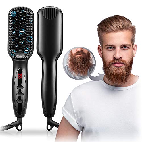 Beard Straightener for Men, RUEOO Ionic Heated Beard Brush with 12 Temp Setti...