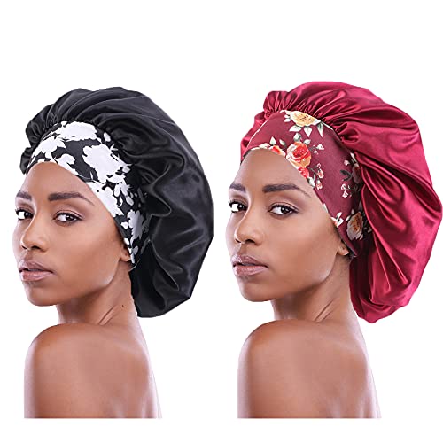 2PCS Satin Hair Bonnet for Black Women Elastic Wide Band Sleep Cap Single Lay...
