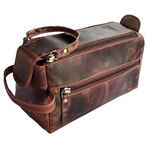 Leather Toiletry Bag for Men - Hygiene Organizer Travel Dopp Kit By Rustic To...