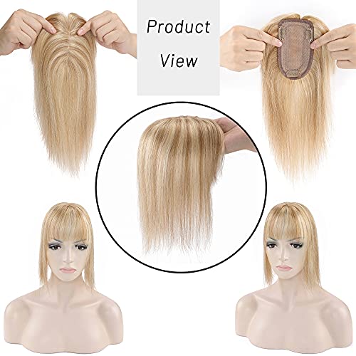 S-noilite 10" Clip in Human Hair Toppers with Wispy Bangs Balayage 150% Densi...