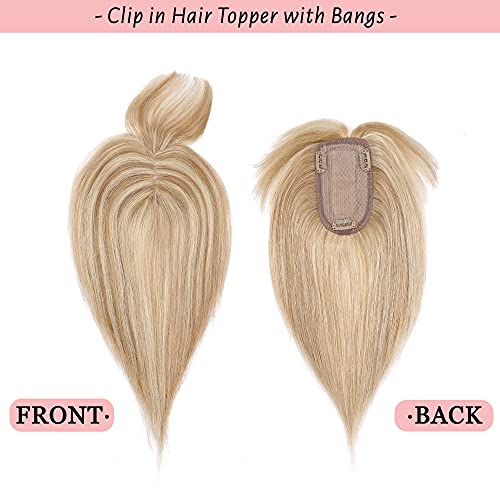 S-noilite 10" Clip in Human Hair Toppers with Wispy Bangs Balayage 150% Densi...