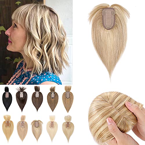 S-noilite 10" Clip in Human Hair Toppers with Wispy Bangs Balayage 150% Densi...