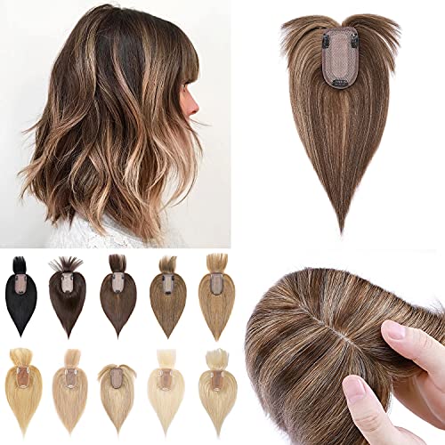 S-noilite 10" Clip in Human Hair Toppers with Wispy Bangs Balayage 150% Densi...