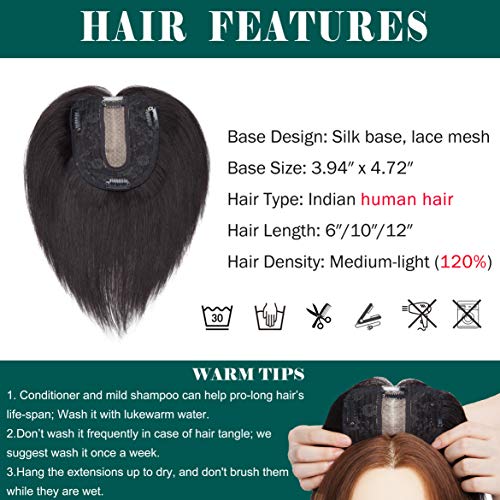 S-noilite 12" Clip in Human Hair Toppers Hand Made Silk Base Crown Top Hair P...