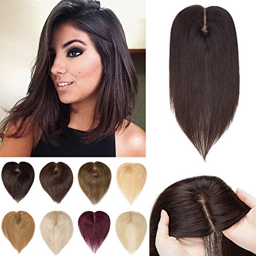 S-noilite 12" Clip in Human Hair Toppers Hand Made Silk Base Crown Top Hair P...