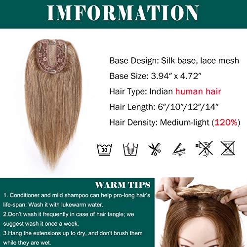 S-noilite 14" Clip in Crown Topper Remy Human Hair Top Hairpieces Silk Base B...