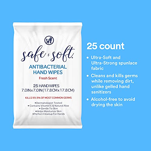SAFE & SOFT Antibacterial Hand Sanitizer Wipes - Travel Size | 25ct, (6-pack)...