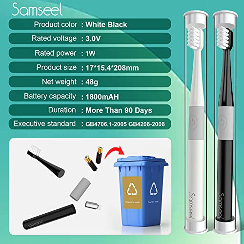 Samseel (2-Pack, White and Black) Sonic Electric Toothbrush Lasting for 90 Da...