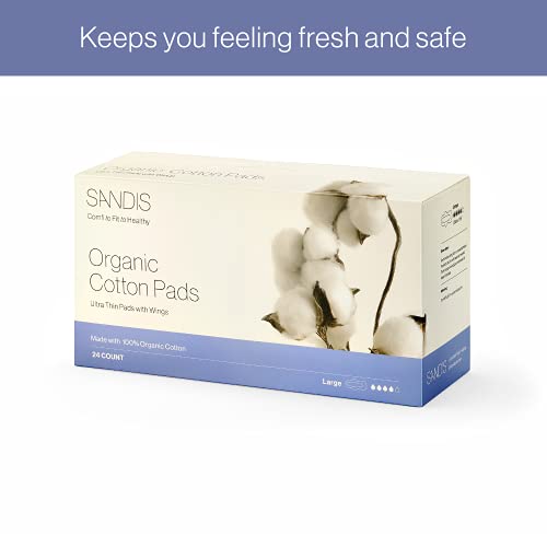 SANDIS Feminine Pad for Women - Large 24 Count 100% Organic Cotton Ultra Thin...