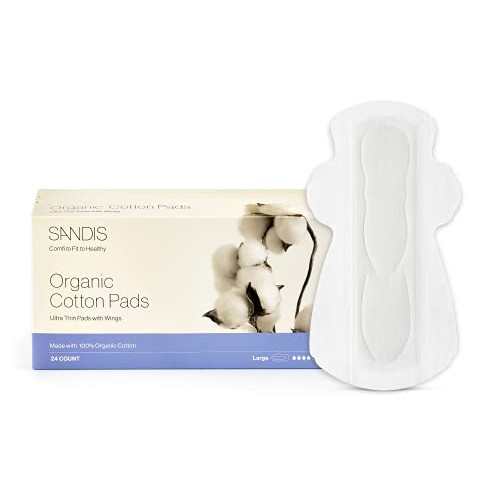 SANDIS Feminine Pad for Women - Large 24 Count 100% Organic Cotton Ultra Thin...