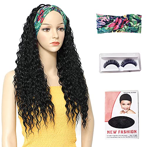 Headband Wigs for Black Women 26" Deep Water Wave Black Synthetic Curly Wig 1...