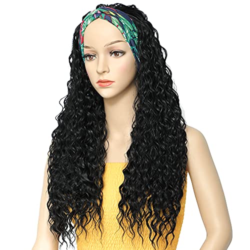 Headband Wigs for Black Women 26" Deep Water Wave Black Synthetic Curly Wig 1...