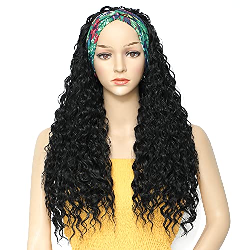 Headband Wigs for Black Women 26" Deep Water Wave Black Synthetic Curly Wig 1...