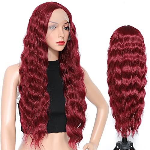 Red Lace Front Wig Burgundy 30" Long Wavy Synthetic Lace Front Wigs for Women...