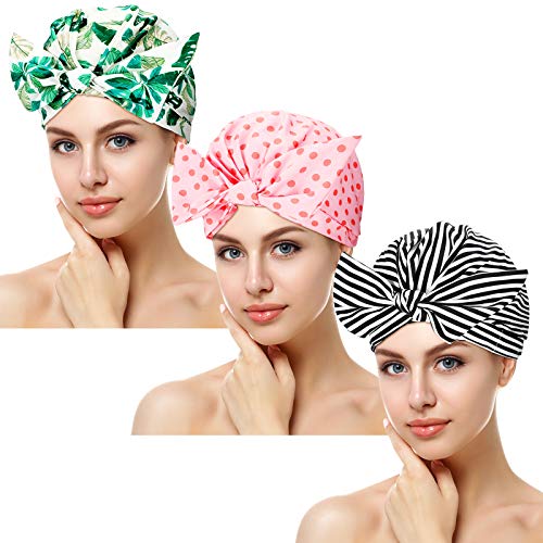 3 Pieces Shower Cap for Women, Waterproof Reusable Shower Caps Bowknot Shower...