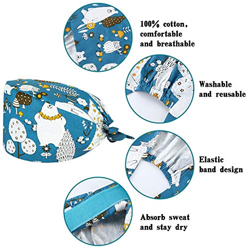 4 Pieces Colorful Printed Scrub Caps Adjustable Bouffant Turban Hat Unisex Ha...