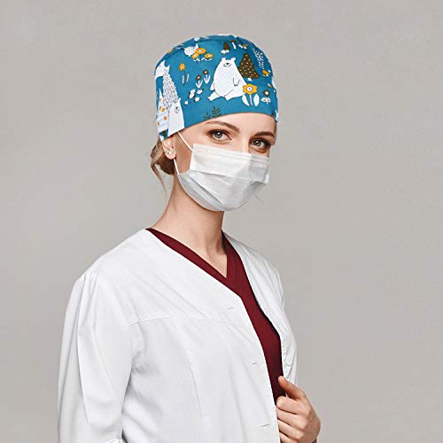 4 Pieces Colorful Printed Scrub Caps Adjustable Bouffant Turban Hat Unisex Ha...