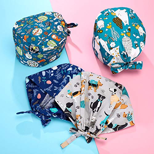 4 Pieces Colorful Printed Scrub Caps Adjustable Bouffant Turban Hat Unisex Ha...