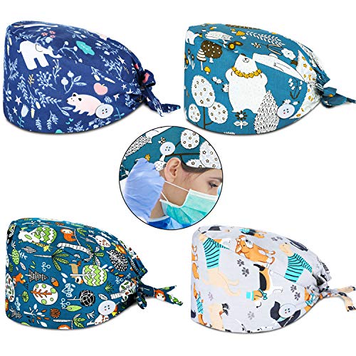4 Pieces Colorful Printed Scrub Caps Adjustable Bouffant Turban Hat Unisex Ha...