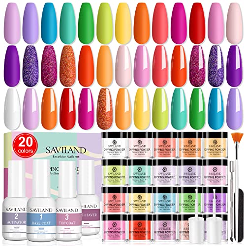 Saviland 29 Pcs Dip Powder Nail Kit Starter, 20 Colors Dipping Powder System ...