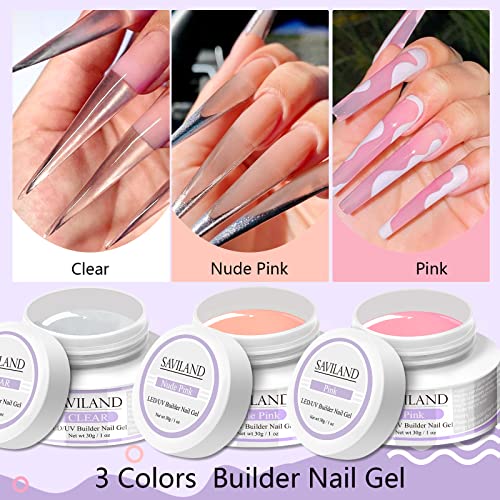 Saviland Builder Nail Gels Kit - 3 Colors 30g Clear Nude Pink Hard Gel for Na...